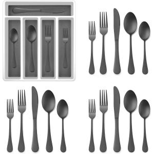 image20Piece Black Silverware Set with Tray Efar Stainless Steel Flatware Cutlery Set Service for 4 Eating Utensils Tableware with Plastic Organizer for Home Kitchen Matte Finished ampamp Dishwasher safe
