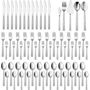 image35Piece Silverware Set with Serving Pieces Efar Stainless Steel Hammered Flatware Eating Utensils Service for 6 Modern Tableware Cutlery Set with Square Edge Mirror Polished Dishwasher Safe65Piece
