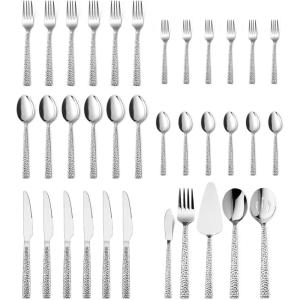 image35Piece Silverware Set with Serving Pieces Efar Stainless Steel Hammered Flatware Eating Utensils Service for 6 Modern Tableware Cutlery Set with Square Edge Mirror Polished Dishwasher Safe35Piece