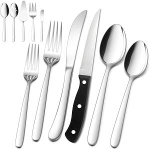 image53Piece Silverware Set with Steak Knives Serving Utensils Efar Stainless Steel Flatware Cutlery Set for 8 Modern Tableware Eating Utensils for Restaurant Kitchen Mirror Polished Dishwasher Safe53Piece with Serving Set