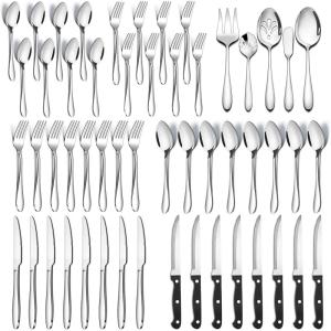 image53Piece Silverware Set with Steak Knives Serving Utensils Efar Stainless Steel Flatware Cutlery Set for 8 Modern Tableware Eating Utensils for Restaurant Kitchen Mirror Polished Dishwasher Safe53Piece