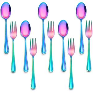 imageEfar 10Piece Rainbow Toddler Utensils Kid Stainless Steel Silverware Set Children Safe Forks and Spoons Set for Self Feeding Healthy ampamp NonToxic Mirror Polished ampamp Easy to CleanRainbow