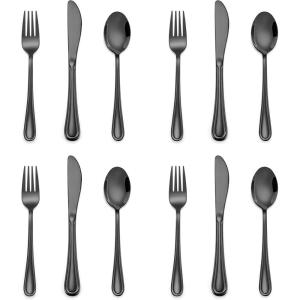 imageEfar 12Piece Kids Silverware Stainless Steel Toddler Kids Utensils Safe for PreschoolerChildren Includes 4 Forks 4 Spoons 4 Knife Slimline Adult Look ampamp Small Size Rust Free ampamp Dishwasher SafeBlack