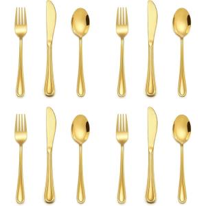 imageEfar 12Piece Kids Silverware Stainless Steel Toddler Kids Utensils Safe for PreschoolerChildren Includes 4 Forks 4 Spoons 4 Knife Slimline Adult Look ampamp Small Size Rust Free ampamp Dishwasher SafeGold