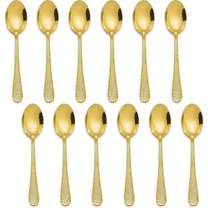 imageEfar 12Piece Small Coffee Spoons 6Inch Stainless Steel Mini Espresso Spoons for CoffeeSugarTea Hammered Design ampamp Rust Free Dishwasher SafeGold