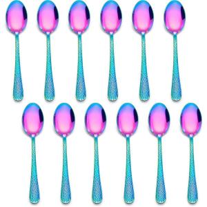 imageEfar 12Piece Small Coffee Spoons 6Inch Stainless Steel Mini Espresso Spoons for CoffeeSugarTea Hammered Design ampamp Rust Free Dishwasher SafeRainbow