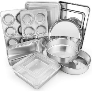 imageEfar 12Piece Stainless Steel Bakeware Sets Metal Baking Pan Set Include Round Cake Pans SquareRectangle Baking Pans with Lids Cookie Sheet LoafMuffinPizza Pan Nontoxic ampamp Dishwasher SafeCompact