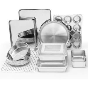 imageEfar 12Piece Stainless Steel Bakeware Sets Metal Baking Pan Set Include Round Cake Pans SquareRectangle Baking Pans with Lids Cookie Sheet LoafMuffinPizza Pan Nontoxic ampamp Dishwasher SafeStandard