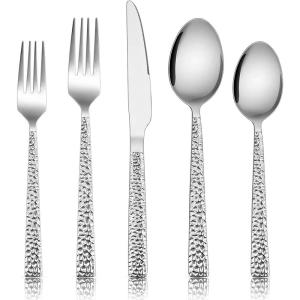 imageEfar 20Piece Hammered Silverware Set Stainless Steel Square Flatware Set Service for 4 Tableware Cutlery Set Includes Forks Spoons Knives Modern Design ampamp Mirror Finish  Dishwasher Safe30Piece for 6