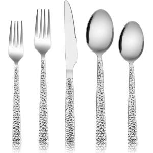 imageEfar 20Piece Hammered Silverware Set Stainless Steel Square Flatware Set Service for 4 Tableware Cutlery Set Includes Forks Spoons Knives Modern Design ampamp Mirror Finish  Dishwasher Safe60Piece for 12