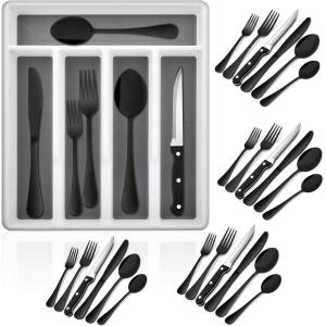 imageEfar 24Piece Black Silverware Set with Steak Knives and Organizer Tray Stainless Steel Flatware Cutlery Service for 4 Tableware Eating Utensils for Home Kitchen Mirror Polished Dishwasher Safe
