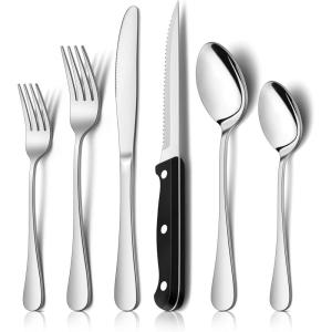 imageEfar 24Piece Silverware Set with Steak Knives Stainless Steel Flatware Cutlery Set Eating Utensils for 4 Spoons Forks Knives for Home Kitchen Simple Design ampamp Mirror Finish Dishwasher SafeSilver Mirror