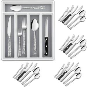 imageEfar 24Piece Silverware Set with Steak Knives and Organizer Square Stainless Steel Cutlery Flatware Set for 4 Basic Tableware Eating Utensil for Kitchen Mirror Polished ampamp Dishwasher SafeSilver