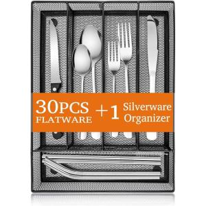 imageEfar 31Piece Silverware Set Stainless Steel Flatware Cutlery Set Service for 4 with Mesh Utensil Drawer Organizer Include ForksSpoonsKnivesSteak KnivesStraws Mirror Polish ampamp Dishwasher SafeSilver