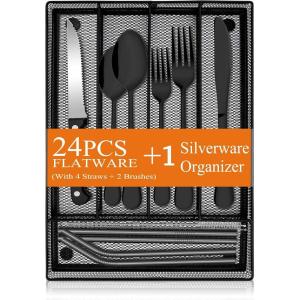 imageEfar 31Piece Silverware Set Stainless Steel Flatware Cutlery Set Service for 4 with Mesh Utensil Drawer Organizer Include ForksSpoonsKnivesSteak KnivesStraws Mirror Polish ampamp Dishwasher SafeBlack