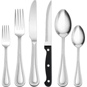 imageEfar 48Piece Silverware Set with Steak Knives Stainless Steel Flatware Cutlery Service for 8 Pearled Edge Tableware Eating Utensils for HomeRestaurantKitchen Mirror Polished Dishwasher Safe