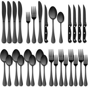imageEfar Black Silverware Set with Organizer 49Piece Stainless Steel Flatware Cutlery Set for 8 with Tray and Steak Knives Kitchen Metal Eating Utensils Tableware Sets Mirror Polished ampamp Rust ProofBlack