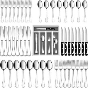 imageEfar Black Silverware Set with Organizer 49Piece Stainless Steel Flatware Cutlery Set for 8 with Tray and Steak Knives Kitchen Metal Eating Utensils Tableware Sets Mirror Polished ampamp Rust ProofSilver