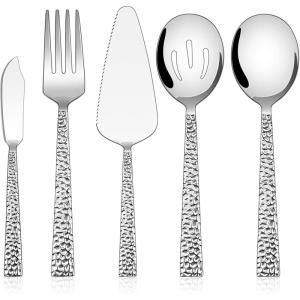 imageEfar Hammered Serving Utensils 5Piece Stainless Steel Square Hostess Serving Set for Buffet Party Kitchen Restaurant Mirror Finished ampamp Dishwasher Safe5Piece Serving Utensils Set