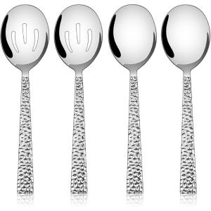 imageEfar Hammered Serving Utensils 5Piece Stainless Steel Square Hostess Serving Set for Buffet Party Kitchen Restaurant Mirror Finished ampamp Dishwasher Safe4Piece Serving Spoons Set