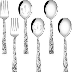 imageEfar Hammered Serving Utensils Set of 6 Stainless Steel 87 Inch Square Hostess Serving Set Metal Serving Spoon Slotted Spoons Forks for Party Buffet Catering Mirror Finished ampamp Dishwasher SafeHammered