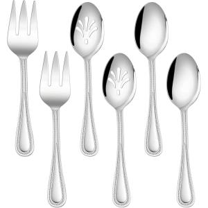 imageEfar Hammered Serving Utensils Set of 6 Stainless Steel 87 Inch Square Hostess Serving Set Metal Serving Spoon Slotted Spoons Forks for Party Buffet Catering Mirror Finished ampamp Dishwasher SafePearled Edge