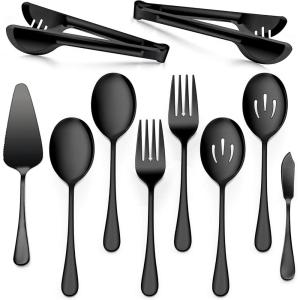 imageEfar Large Serving Utensils Set of 10 Black Stainless Steel Serving Spoon Slotted Spoon Fork Tong Cake Server and Butter Knife for Party Buffet Banquet Kitchen Mirror PolishedBlack