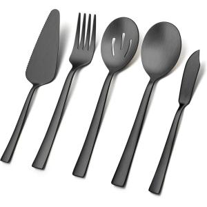 imageEfar Matte Black Serving Utensil Set of 5 Metal Catering Set Stainless Steel Square Edge Hostess Set for Buffet Party Kitchen Restaurant Nontoxic ampamp Dishwasher SafeMatte Black