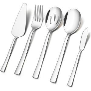 imageEfar Matte Black Serving Utensil Set of 5 Metal Catering Set Stainless Steel Square Edge Hostess Set for Buffet Party Kitchen Restaurant Nontoxic ampamp Dishwasher SafeSilver