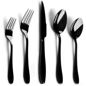 imageEfar Silverware Set 20Piece Black Stainless Steel Flatware Utensil Set Include KnifeSpoonFork Mirror Polished Dishwasher Safe  Service for 4Black  Streamlined Handle