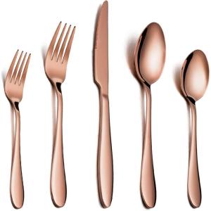 imageEfar Silverware Set 20Piece Black Stainless Steel Flatware Utensil Set Include KnifeSpoonFork Mirror Polished Dishwasher Safe  Service for 4Copper  Streamlined Handle