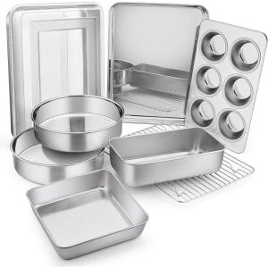 imageEfar Stainless Steel Baking Pan Set 9Piece Bakeware Sets for Cake Cookie Loaf Muffin Include Round Square Rectangle Baking Sheet Pan with Lid ampamp Cooling Rack Dishwasher Safe