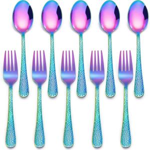 imageEfar Toddler Forks and Spoons Set 10Piece Stainless Steel Toddler Utensils Kids Safe Silverware for Self Feeding Healthy ampamp NonToxic Dishwasher SafeMirror Rainbow