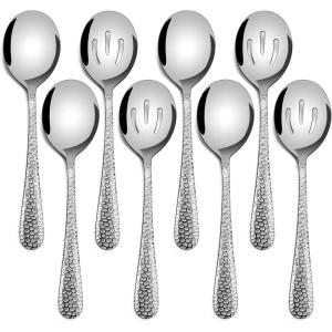 imageHammered Serving Spoons Efar 8Piece Metal Serving Utensils Set  Solid Spoon x 4 Slotted Spoon x 4 Stainless Steel Hostess Tablespoons Set Serve for Catering Buffet Party Kitchen Restaurant