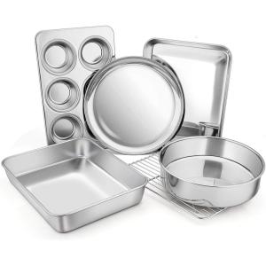 imageToaster Oven Bakeware Set Efar 8Piece Stainless Steel Small Baking Pan Set Include 6Inch Cake PanRectangle Baking PanCookie Sheet with RackMuffinLoafPizza Pan NonToxic ampamp Dishwasher Safe6 Pieces