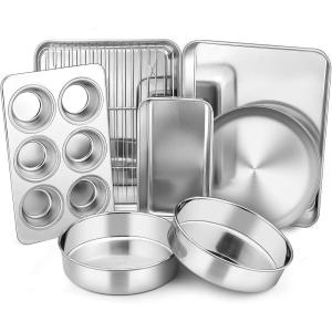 imageToaster Oven Bakeware Set Efar 8Piece Stainless Steel Small Baking Pan Set Include 6Inch Cake PanRectangle Baking PanCookie Sheet with RackMuffinLoafPizza Pan NonToxic ampamp Dishwasher Safe8 Pieces