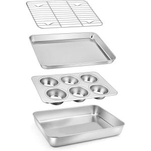 imageToaster Oven Baking Pans set Efar 4Piece Stainless Steel Bakeware Set Include Rectangle Cake PanBaking Cookie Sheet with RackMuffin NonToxic ampamp Heavy Duty Dishwasher Safe