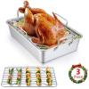 imageEfar 14 x 106 Inch Roasting Pan Stainless Steel Turkey Roaster with V Rack ampamp Baking Rack Set Small Heavy Duty Deep Broiling Pan for Oven Cooking Lasagna Meat Chicken  Dishwasher SafeSilver