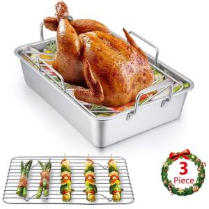 imageEfar 14 x 106 Inch Roasting Pan Stainless Steel Turkey Roaster with V Rack ampamp Baking Rack Set Small Heavy Duty Deep Broiling Pan for Oven Cooking Lasagna Meat Chicken  Dishwasher SafeSilver