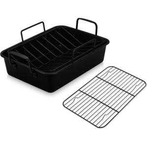 imageEfar 14 x 106 Inch Roasting Pan Stainless Steel Turkey Roaster with V Rack ampamp Baking Rack Set Small Heavy Duty Deep Broiling Pan for Oven Cooking Lasagna Meat Chicken  Dishwasher SafeBlack