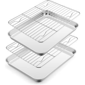 imageEfar Small Baking Sheet with Wire Rack 2 Pans  2 Racks Stainless Steel Cookie Sheets Trays ampamp Cooling Rack for Toaster Oven Non Toxic ampamp Warp Resistant Oven ampamp Dishwasher Safe 105 x 83 x 1 Inch105x83