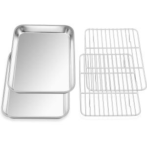 imageEfar Small Baking Sheet with Wire Rack 2 Pans  2 Racks Stainless Steel Cookie Sheets Trays ampamp Cooling Rack for Toaster Oven Non Toxic ampamp Warp Resistant Oven ampamp Dishwasher Safe 105 x 83 x 1 Inch94x73