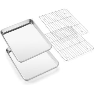 imageEfar Small Baking Sheet with Wire Rack 2 Pans  2 Racks Stainless Steel Cookie Sheets Trays ampamp Cooling Rack for Toaster Oven Non Toxic ampamp Warp Resistant Oven ampamp Dishwasher Safe 105 x 83 x 1 Inch124x97