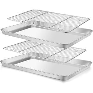 imageEfar Small Baking Sheet with Wire Rack 2 Pans  2 Racks Stainless Steel Cookie Sheets Trays ampamp Cooling Rack for Toaster Oven Non Toxic ampamp Warp Resistant Oven ampamp Dishwasher Safe 105 x 83 x 1 Inch16x12
