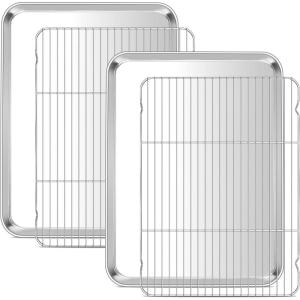 imageEfar Small Baking Sheet with Wire Rack 2 Pans  2 Racks Stainless Steel Cookie Sheets Trays ampamp Cooling Rack for Toaster Oven Non Toxic ampamp Warp Resistant Oven ampamp Dishwasher Safe 105 x 83 x 1 Inch20x14
