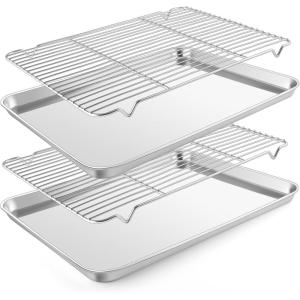 imageEfar Small Baking Sheet with Wire Rack 2 Pans  2 Racks Stainless Steel Cookie Sheets Trays ampamp Cooling Rack for Toaster Oven Non Toxic ampamp Warp Resistant Oven ampamp Dishwasher Safe 105 x 83 x 1 Inch177x13