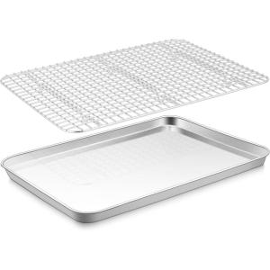 imageEfar Stainless Steel Baking Sheet with Wire Rack Set 16 x 12 Cookie Sheet Baking Pan for Oven Rimmed Large Metal Tray with Cooling Rack for Cooking Roasting NonToxic ampamp Dishwasher Safe16x12