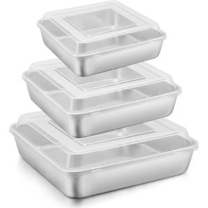 imageEfar 689Inch Square Cake Pan with lid Set Nonstick Square Baking Brownie Pans Bakeware Set of 3 Stainless Steel Core ampamp Easy Clean  6 Pieces3 Pans  3 CoversStainless Steel