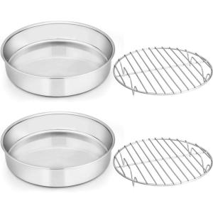 imageEfar 9 Inch Cake Pan Set of 2 Stainless Steel Round Cake Baking Pans NonToxic ampamp Healthy Mirror Finish ampamp Dishwasher Safe9Inch 2 Cake Pans  2 Racks