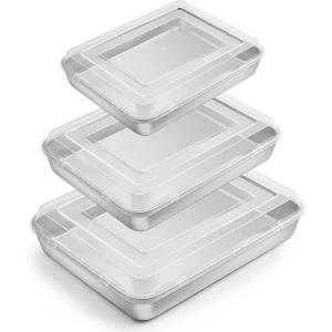 imageEfar Baking Pan with Lid12410494 inch Stainless Steel Rectangular Sheet Cake Pans with Cover Metal Bakeware Sets for Lasagna Casseroles Brownie Nontoxic ampamp Dishwasher Safe  3 Pans  3 Lids